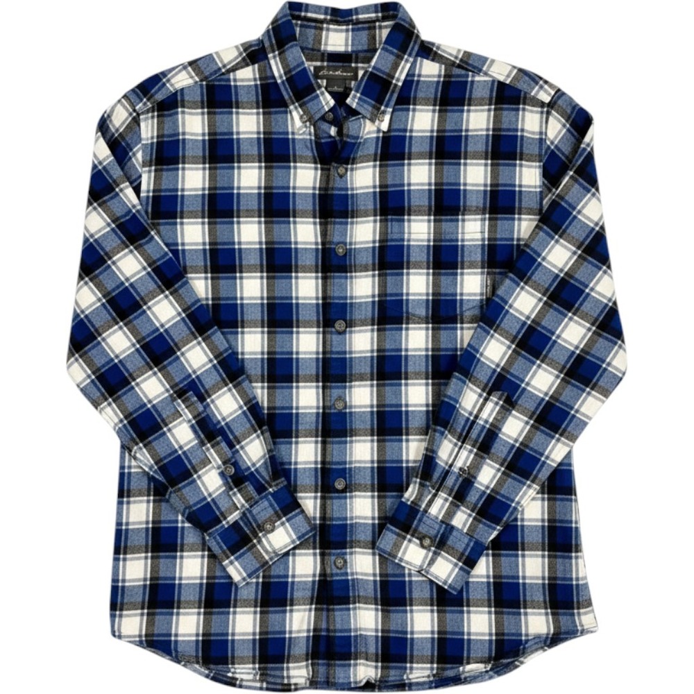 Eddie Bauer Mens Blue Black White Plaid Flannel Shirt Large Button Down Cotton